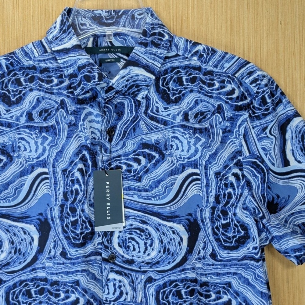 Perry Ellis Mens Blue Abstract Swirl Print Short Sleeve Stretch Shirt Medium